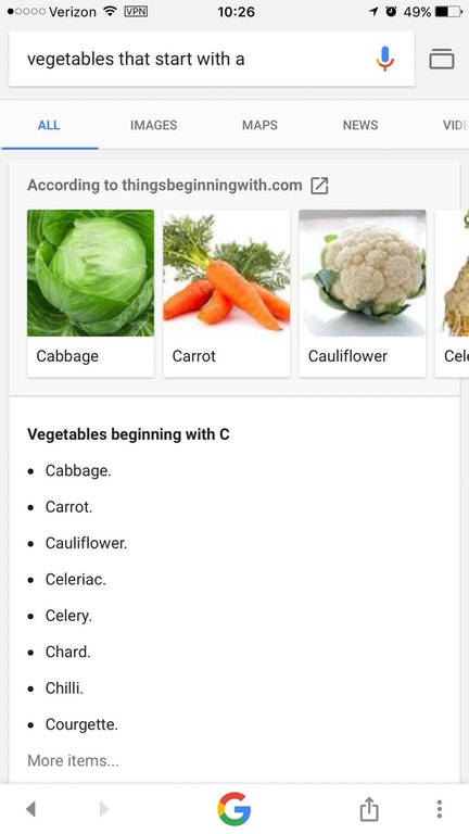 A打头的蔬菜名的移动端搜索结果