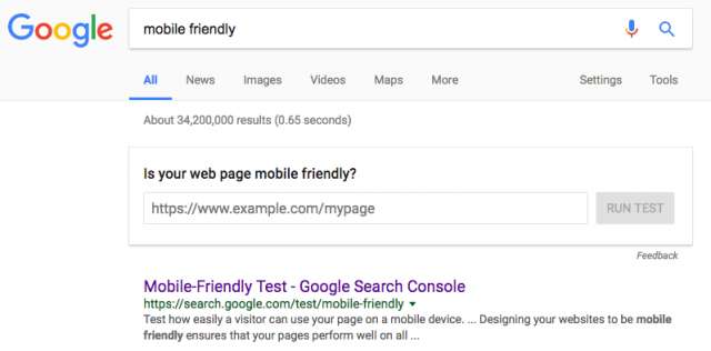 谷歌搜索结果页展现的移动友好检测工具
